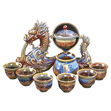 雲水月如意 自動茶具 柴燒龍紋雲水謠 Set  底座 + 蓋碗 + 茶海 + 茶杯  1組