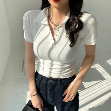 2025夏季新款韓版polo領短款上衣白色修身性感半開領t恤女短袖潮