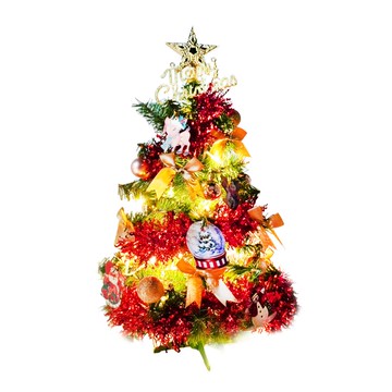 摩達客 台灣製2尺(60cm) 精緻型裝飾綠色聖誕樹+童話彩繪木牌水晶球紅金系列飾品組+50燈LED燈串(暖白光)