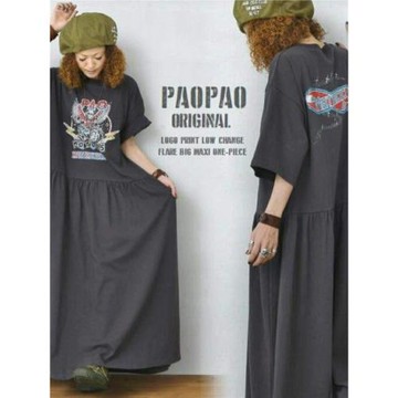 跨境日系寬松大碼甜美圓領短袖前后印花拼接大擺t恤裙過膝連衣裙