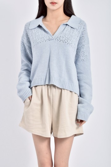 (L) re fleur質感針織長袖翻領藍色毛衣