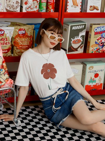 棉質大花朵印花短袖上衣