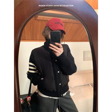 MUKOK 2025冬季新款設計感黑色針織拼接白鴨絨羽絨服小個子短外套