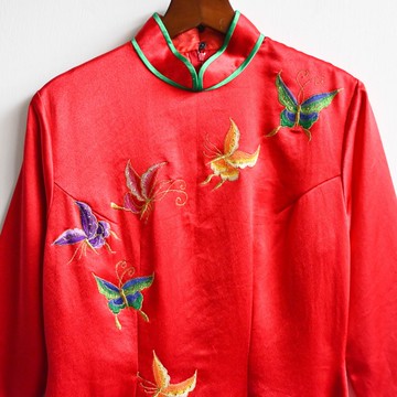 【蛋植物古著】彩蝶夢渡刺繡長版古著旗袍