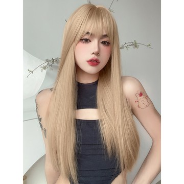 [台灣出貨附發票] 米白淺金 整頂假髮 假髮 空氣劉海 假髮女 wig 仿真 假髮女整頂 長假髮 男女假髮 玫瑰網假髮