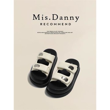 與愛私奔超軟羊皮感5cm厚底增高2025休閑面包一字涼拖鞋女夏外穿