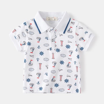 WELLKIDS - 純棉休閒翻領短袖上衣-帆船+燈塔-白色