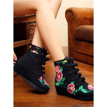 秋冬老北京布鞋內增高短靴民族風棉鞋女靴高跟繡花靴坡跟女棉靴子