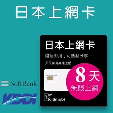 【citimobi 上網卡】日本8天上網吃到飽不限量(1GB/日高速流量)支援雙電信