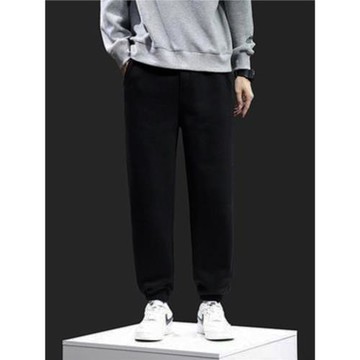 純色運動束腳褲男2024春秋加絨寬松休閑百搭簡約長褲黑色學生衛褲