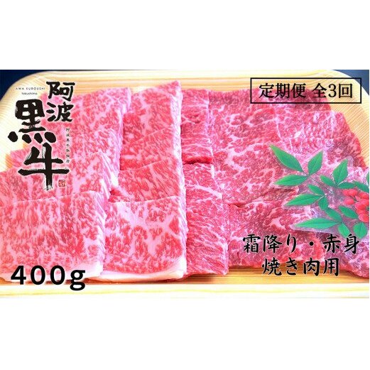 定期便3回 阿波黒牛 霜降り 赤身（焼き肉用）400g