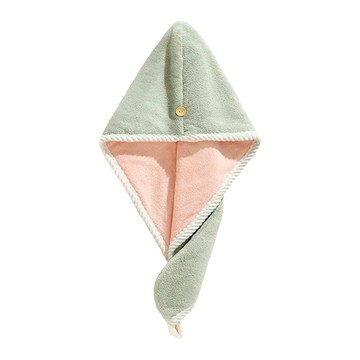 日式吸水纖維速乾頭巾 乾髮帽 包髮巾 柔軟珊瑚絨布料 雙層加厚 正反兩用 雙口可調節  綠粉色  1個