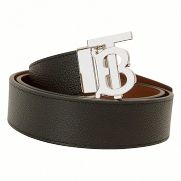 BURBERRY 金屬銀B LOGO雙色荔枝紋皮革男皮帶(黑x棕)95cm
