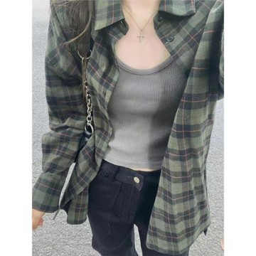 超好看港味復古格子襯衫外套女2024年新款新中式上衣寬松防曬襯衣