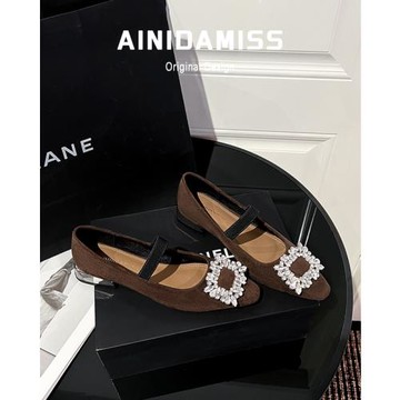 羊皮版~法式復古一字帶粗跟單鞋女2024新款秋冬尖頭瑪麗珍鞋子春