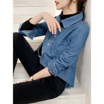 正肩牛仔襯衫女長袖春秋新款韓版小個子內搭襯衣疊穿修身百搭上衣