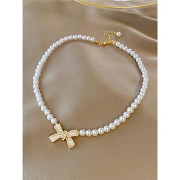 蝴蝶結仿珍珠項鏈女頸鏈高級輕奢小眾設計感2026年新款鎖骨鏈飾品