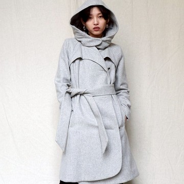 南瓜Vintage。Threeasfour 灰色 繫帶 連帽 毛料 大衣 外套