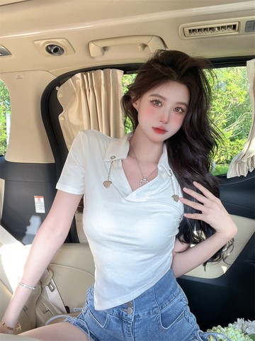 純欲辣妹不規則短款別致上衣夏季小眾設計感愛心polo領短袖T恤女