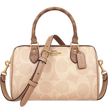 COACH 奶茶色大C PVC撞色手提/斜背兩用包