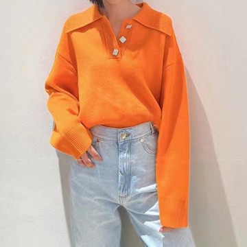 毛衣2022法式時尚桔色領寬松針織衫上衣SFPPU01