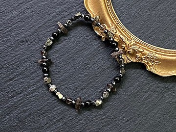 能量原石-雙尖閃靈x黃鐵礦x黑金超七x黑曜石x黑膽石925純銀手鍊