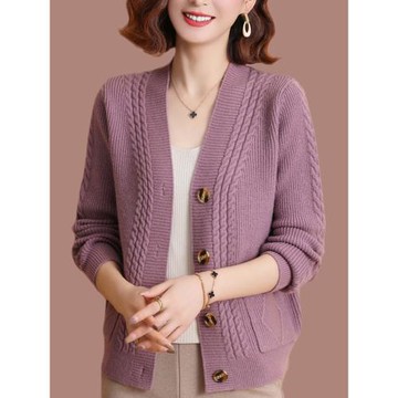 恒彩源羊毛針織開衫女春秋2025新款短款寬松純色百搭外穿毛衣外套