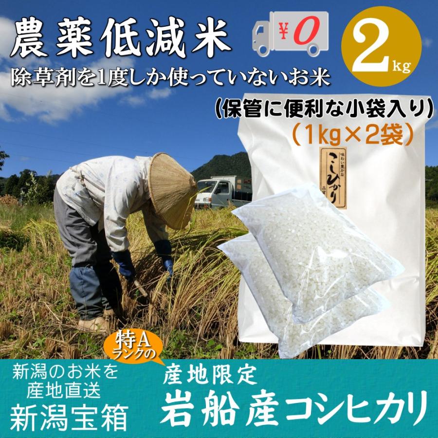 新潟県岩船産 コシヒカリ 1kg×2袋 2kg 除草剤を1度しか使っていない米 お米 白米 特A 送料無料