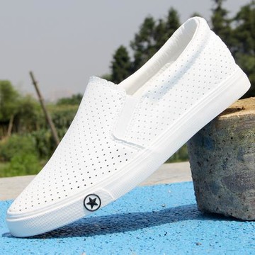 2024夏季新款男皮面網眼打孔小白鞋防臭鏤空一腳蹬男透氣休閑白鞋