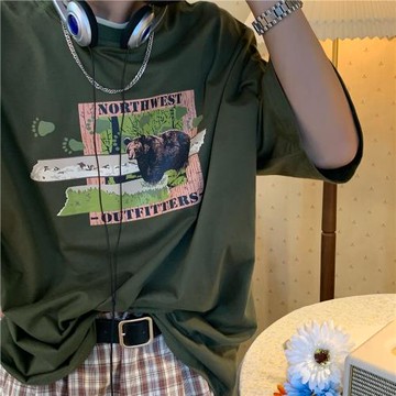 C2自制/加洲熊復古T恤歐美潮牌印花短袖港風寬松百搭vibe上衣ins