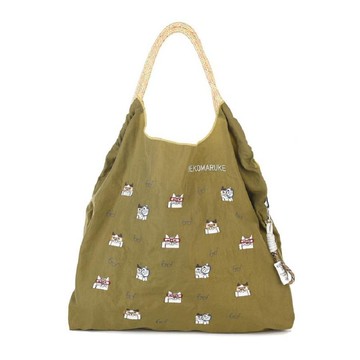 Kusuguru Japan 傘繩包 戶外輕量防潑水提袋購物包 貓丸款-卡其綠