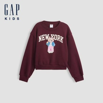 【GAP】兒童圓領大學T-深酒紅(910147)