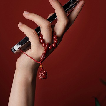 醒獅天然朱砂手機鏈挂件手撚鑰匙扣挂墜飾六字箴言本命年禮物男女