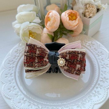 毛呢歐根紗蝴蝶結大抓夾鯊魚夾-酒紅色