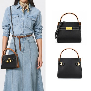 TORY BURCH LEE RADZIWILL 撞色皮革拼接麂皮手提/斜背兩用包(黑)