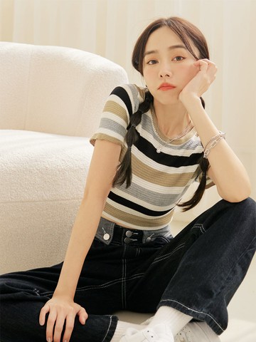 親膚撞色條紋針織短袖短版上衣