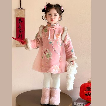 love, charlotte - 新年拜年甜美古風旗袍領鋪棉網紗點綴洋裝 新年拜年女童洋裝-粉紅色