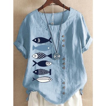 夏季大碼亞麻小衫胖妹妹寬松女裝T恤卡通印花棉麻短袖休閑上衣女