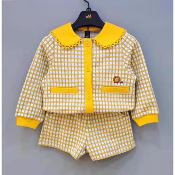 韓國云朵童裝秋款女童寶純棉提花黃色格子開衫 短褲甜美韓版套裝