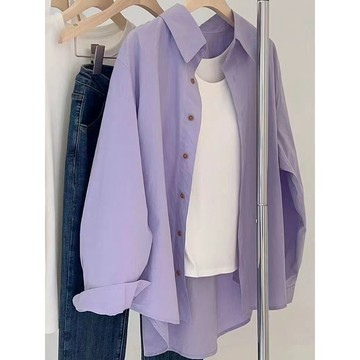 M-3XL 大尺碼韓系特紫色純棉防曬衣長袖襯衫女春秋夏季開衫上衣外套