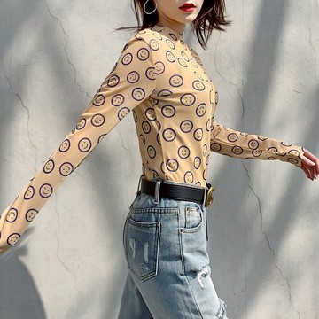 早春新款夏季修身防曬衣花朵印花網紗百搭泫雅風薄款內搭打底衫