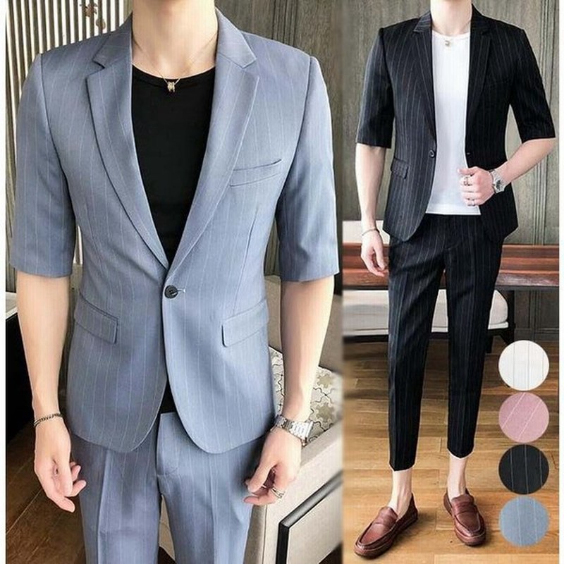 3ピーススーツ スーツ 夏 メンズスーツセット 7分袖ジャケット パンツ 白tシャツ スリムスーツ お兄ちゃん系 ストライプ スーツ 紳士服 セットアップ 韓国風 通販 Lineポイント最大0 5 Get Lineショッピング