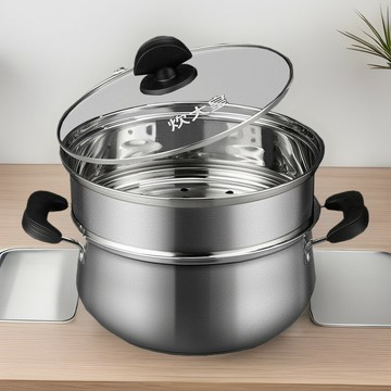 炊大皇304不銹鋼蒸鍋湯鍋煮鍋蒸籠多用雙層湯蒸鍋電磁爐煤氣通用鑫弘-家具衛浴 可打統編