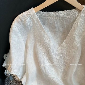 夏季必備🌸透氣衣服 涼感衣物 亞麻衣服 日系簡約 棉麻上衣 白色v領刺繡亞麻短袖襯衫女夏季新款簡約氣質老錢風百搭上衣