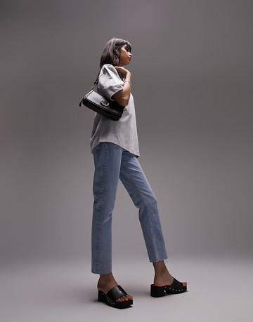 Topshop mid rise straight jeans with raw hem in bleach-Blue