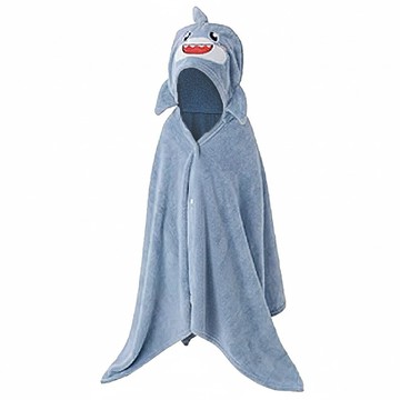 愛北鼻 兒童珊瑚絨連帽浴巾 柔軟吸水 70x130cm  鯊魚 藍灰色  1件