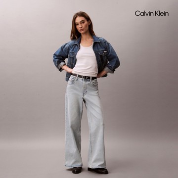 【Calvin Klein】 CK COOLMAX 水洗高腰寬筒牛仔褲_藍色