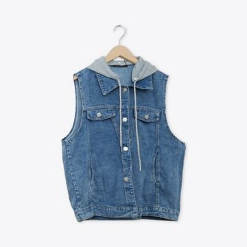 【MASTINA】牛仔拼接連帽背心外套 藍(魅力商品)