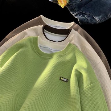 華夫格圓領衛衣男秋季潮牌小眾設計感假兩件上衣美式高街男生衣服