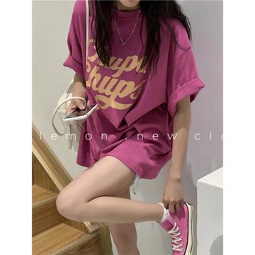 TheLemon港味復古情侶裝大版型字母印花中長T恤女2025夏慵懶全棉t